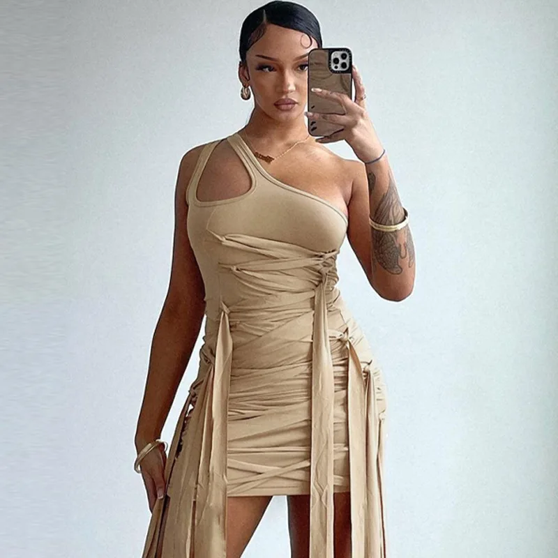 

Женская одежда, Новинка лета 2023, модное индивидуальное облегающее однотонное платье на одно плечо, элегантная Сексуальная Женская Клубная одежда