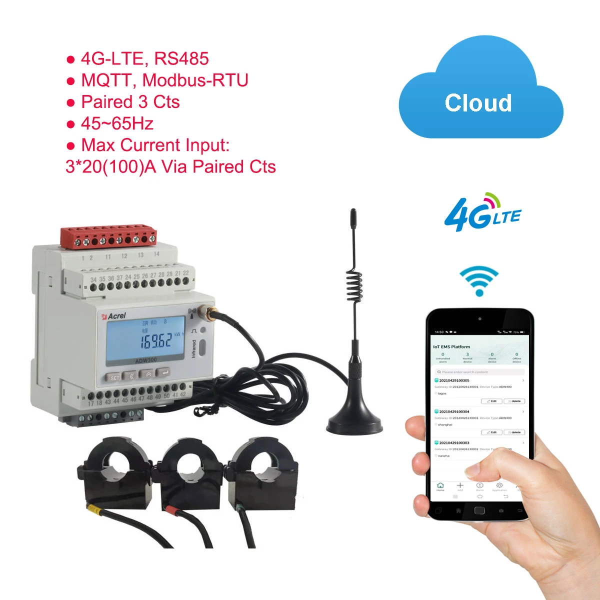 

Voltmeter Ammeter Power Measure 4G Wireless 3-Phase Smart Energy Meter Rs485 Modbus-RTU with 3 Current Transformer Paired