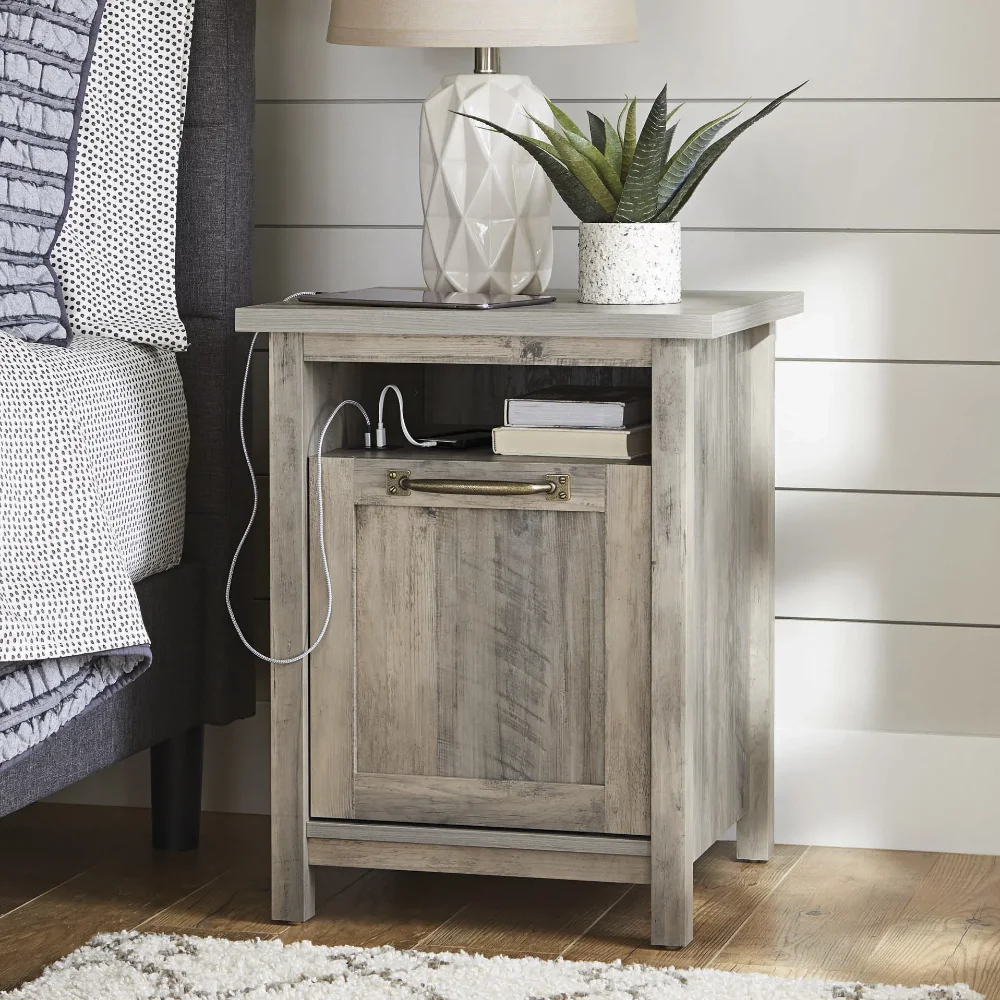 

Mitlame Modern Farmhouse USB Nightstand, Rustic Gray Warm Furniture Decoration Unique Rural Style Cabinet