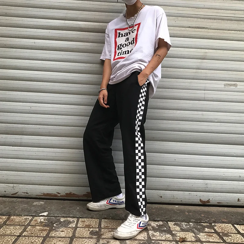 

Harajuku Black Pants Loose Checkerboard Wide Leg Pants Punk White Squares Cool Couple Pants Street Trouser Casual Loose Pants
