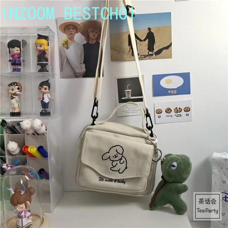 Ladies Fashion Canvas Small Square Bag Korean Version Multifunctional Cute Dog One-shoulder Diagonal Mobile Phone Package