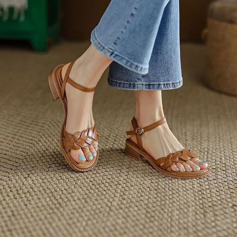 

New Retro Women's Sandals Roman Style Hollow Female Shoes 2022 Summer Solid Color Thick Heels Flat Bottom Ladies Weave Shoes