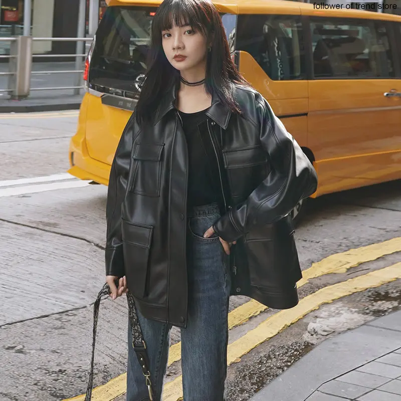 Mid Length Leather Coat Women's Autumn  Winter Korean Locomotive BF Loose Port Pu Winter Style Oversize Jacket Y2k Girl Top