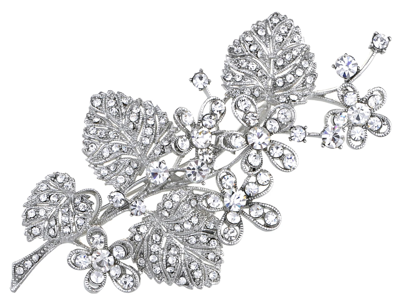 

Silvery Tone Sparkly Clear Crystal Rhinestones Flower Floral Leaves Bouquet Brooch Pin