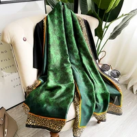 2022 european and american spring and autumn leopard print green luxury imitation silk mid length scarf dual purpose shawl women