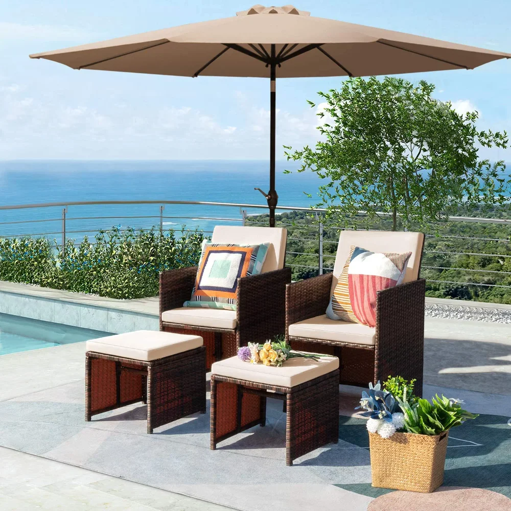 

5 Pieces Wicker Outdoor Patio Furniture Set Patio Chairs with Umbrella and Ottoman(Beige)
