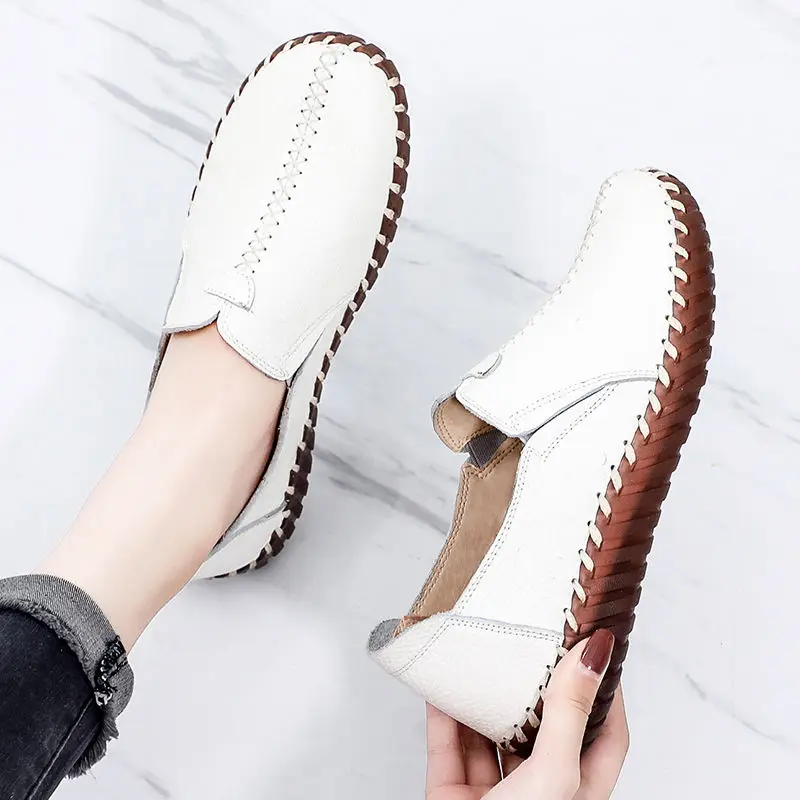 Retro Blue Mother Moccasins Soft Sole Geunine Leather Shoes Handmade Sewing Sneakers Women Waterproof Loafers