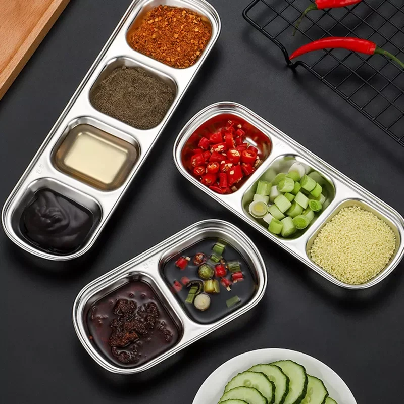 

Korean Stainless Steel Salad Sauce Dishes Food Dipping Bowls Seasoning Tray Separate Snack Vinegar Plates Kitchen Tableware