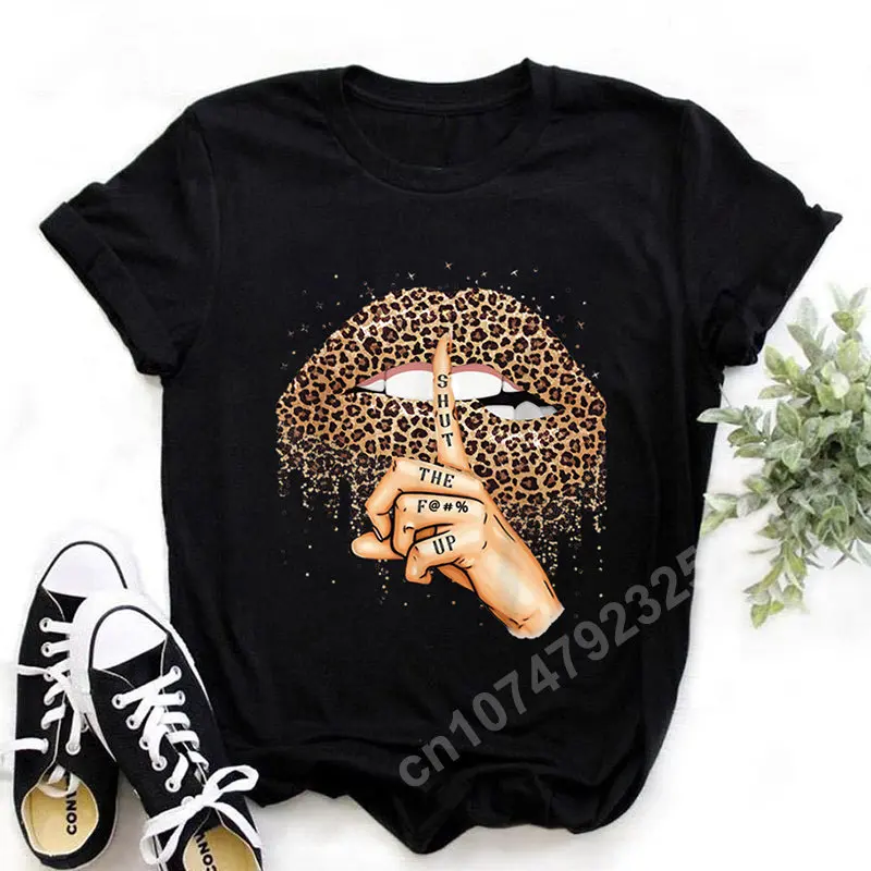 

Leopard Kiss Lips Sexy T-Shirts Funny Summer Women Clothing Oversized Soft Tees Shirt Female Watercolor Graphic 90S Casual Tops