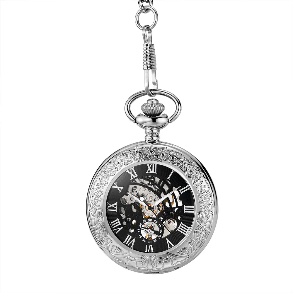 Sliver Steampunk Automatic Mechanical Skeleton Pocket Watches Men Women Luxury Brand Hand Wind Necklace Pocket & Fob Chain