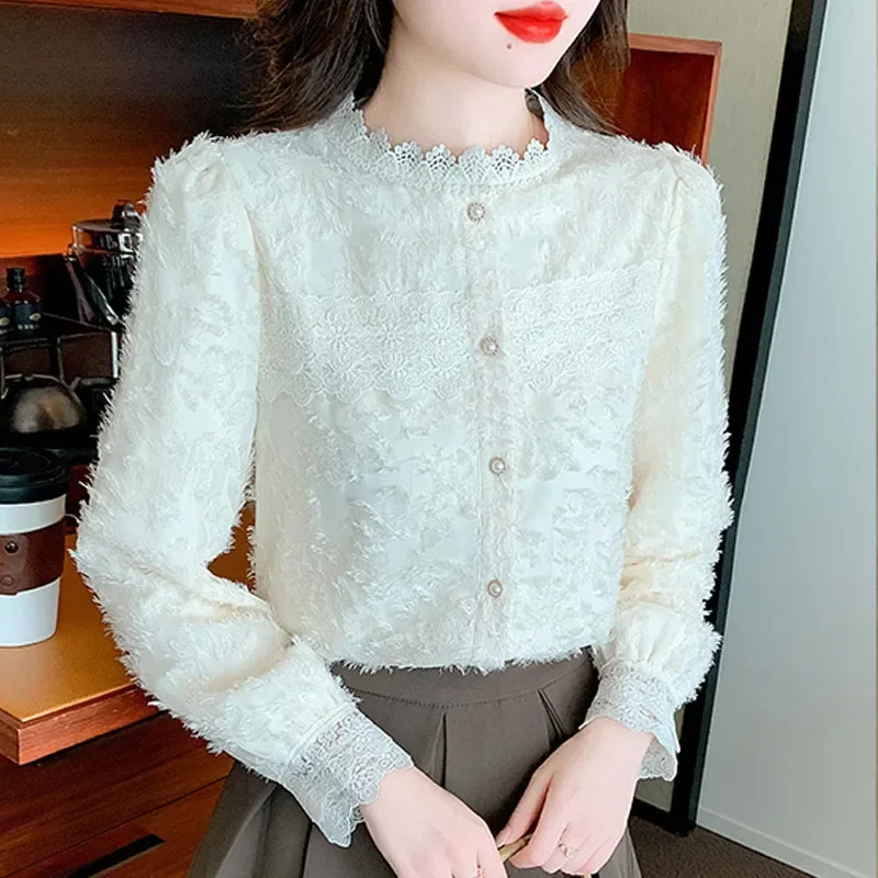Модная женская рубашка с воротником-стойкой бархатная утепленная кружевная