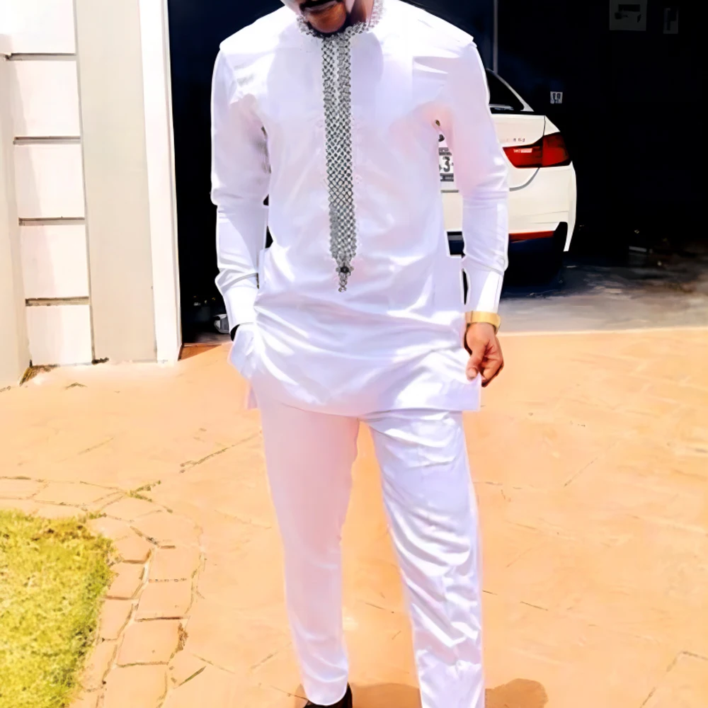 Ramadan 2 Peice Sets Long-sleeved Printed Top Pants African Ethnic Casual Tee Shirt Homme Clothing Wedding Men's Suit Outfits