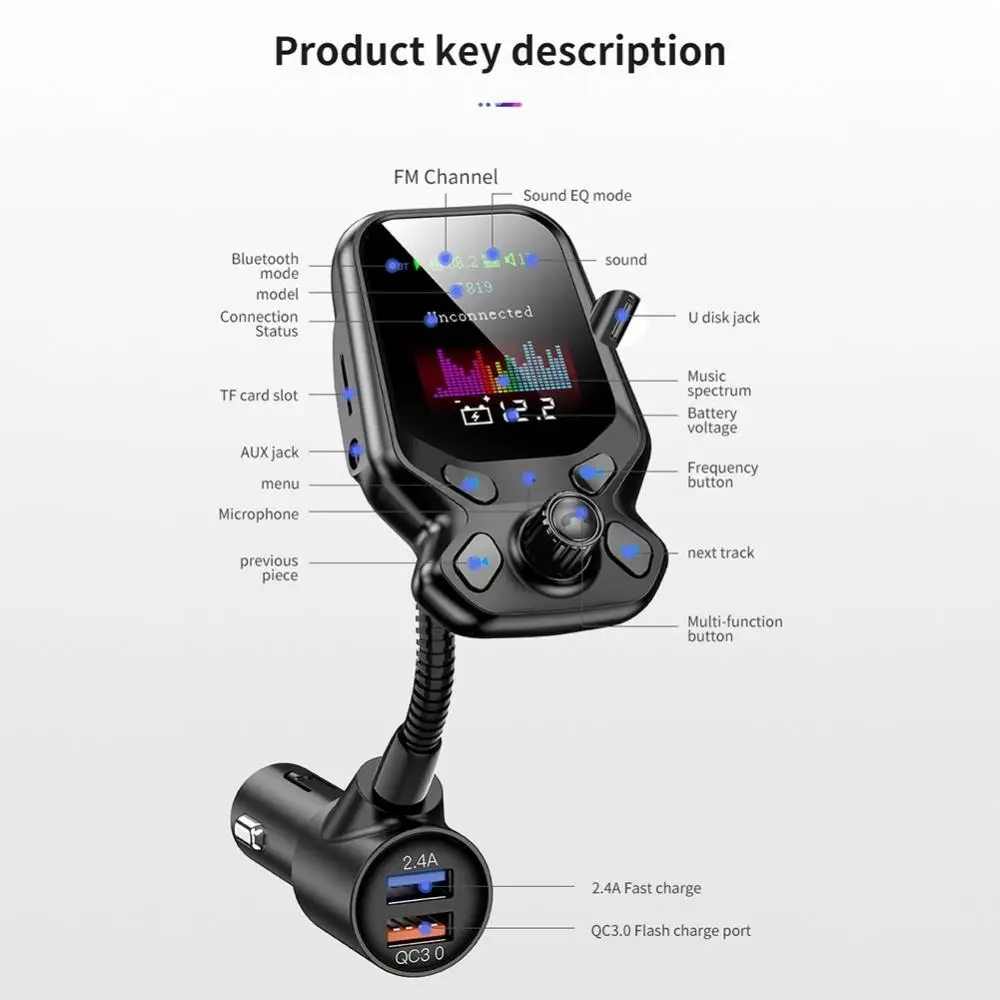 

Беспроводной FM-модулятор с Bluetooth, mp3-плеер с цветным экраном, двойное зарядное устройство USB с дистанционным управлением