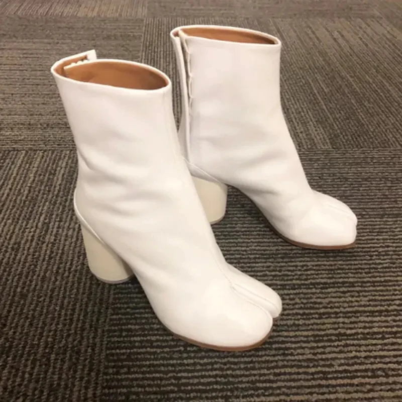 Women Strange Style Split Toe Ankle Boots Leather 8cm Block Heels Square Toe New Design Ladies Glitter Short Booties