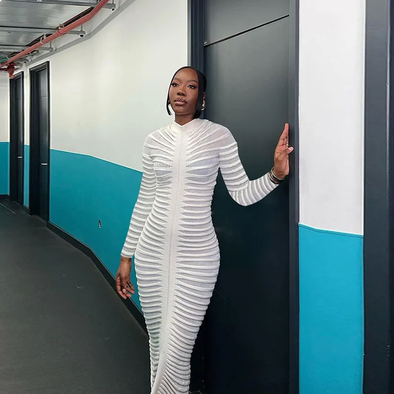 

Elegant Knitted Rib Striped Long Sleeve Bodycon Long Dress Women Outfits New In Sexy Festivals Nightclub Birthday Party Vestidos