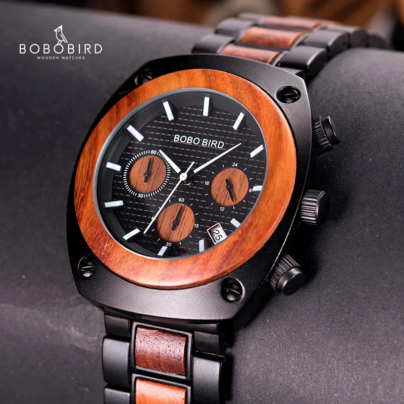 

Мужские часы BOBO BIRD Wood relojes hombre, секундомер, хронограф, отображение даты, деревянные кварцевые наручные часы с логотипом на заказ, Прямая поставка