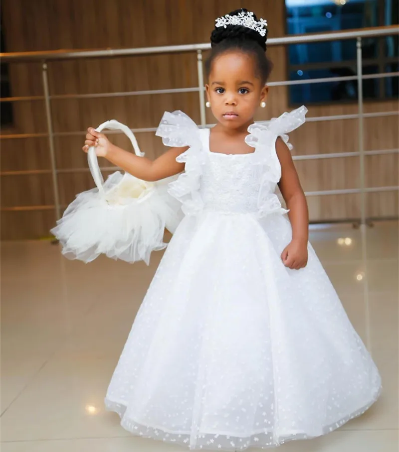 

White Flower Girl Dresses Baby Birthday Gifts Lace Applique Kids Square Neck Trumpet Sleeve Formal Wedding Party Pageant Gown