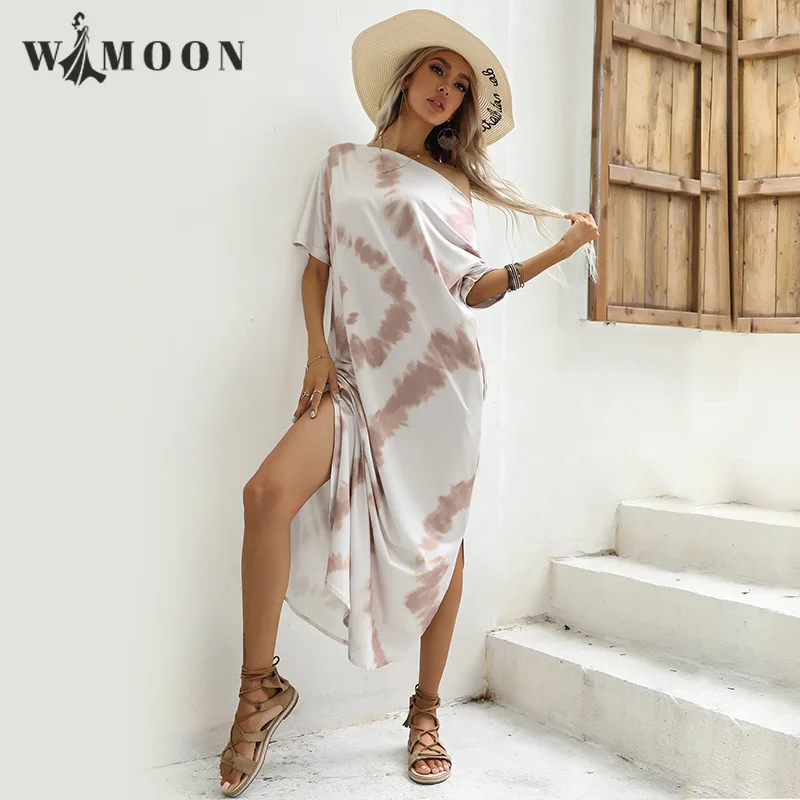 

2021 Summer New Long Tie Dyed Irregular Split Dress Women Asymmetrical Ankle-Length Batwing Sleeve Slash Neck Dresses Women