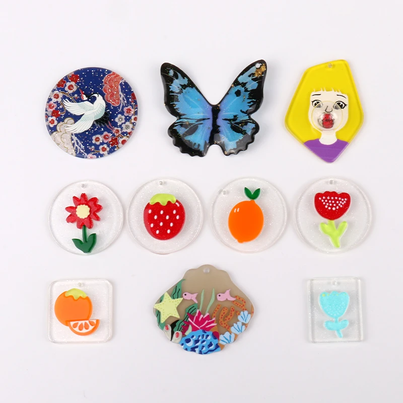

10pcs Orange Butterfly Strawberry Charms Pendant for Earring Headwear Acrylic Fruit Animal Print DIY Jewelry Making Supplies