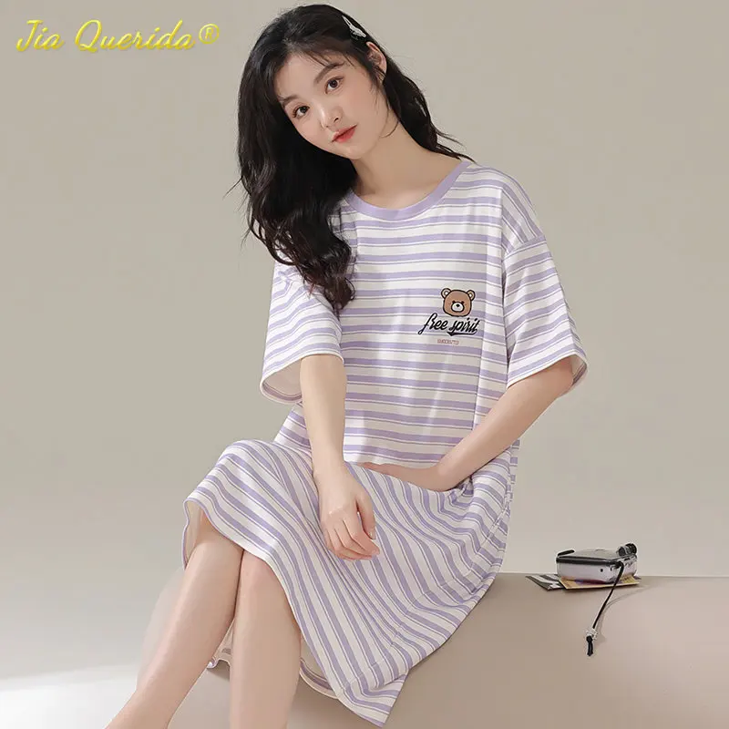 

Milk Silk Nightgowns for Women Summer Faux Cotton Sleeptops Casual Homwear Short Sleeves Woman Sleepshirt Lady Strip Print Dress