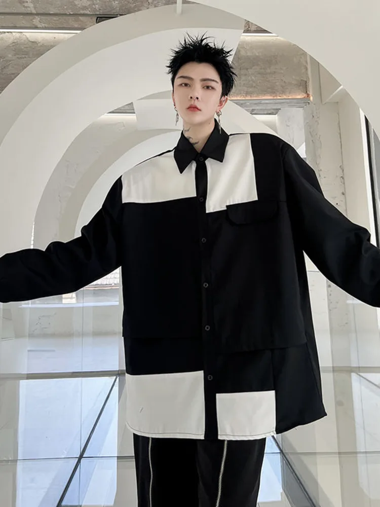 

SYUHGFA 2022 Autumn Lapel Black White Patchwork Long Sleeve Shirt For Men Single Pocket Loose Casual Shirts Men Clothing