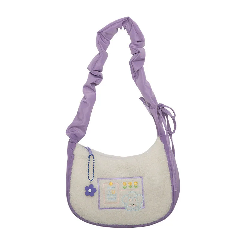 Cute Plush Totes Bags Women 2022 Trendy Flower Rabbit Embroidery Purple Underarm Bags Girls Elegant Tote Bags Small Purses