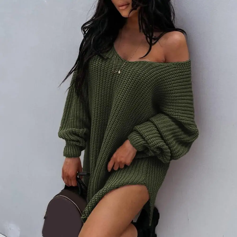 

V-Neck Long Sleeves Side Split Hem Thickened Sweater Jumper Winter Solid Color Loose Warm Pullover Sweater Streetwear