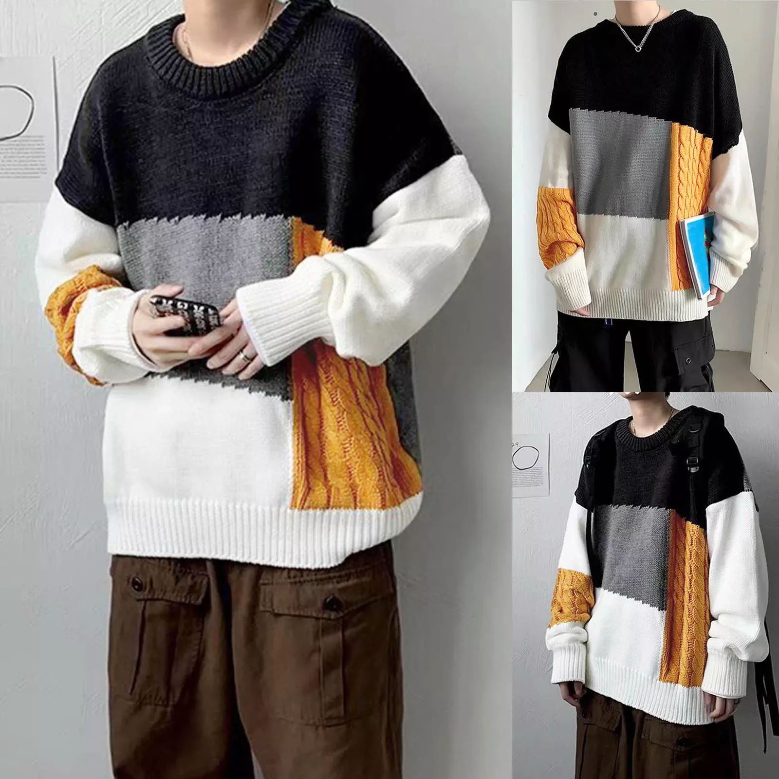 

NEW IN Men Long Sleeve Autumn Winter Patchwork Top Blouse Coat Sweater Coat