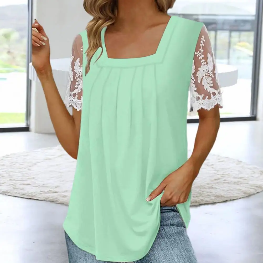 

Fashion Summer Tops Anti-pilling Square Collar Lightweight Women Floral Print Tee Shirt Pullover Top Versatile