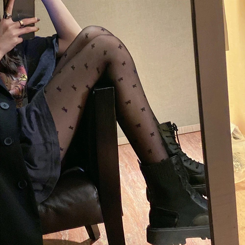 

Sexy Black Stockings Tights Women Fashion Heart Dot Bows Print Pantyhose Summer Transparent Mesh Nylon Stretch Seamless Hosiery