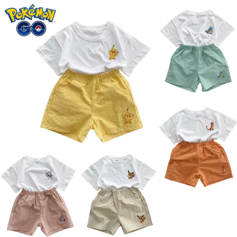 

Pokemon Anime Figure Pikachu Shorts Short-sleeved Suit Summer Casual Kids Clothes Cute Cartoon Cotton Set Children Birthday Gift