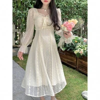 elegant midi dress women pure color casual long sleeve fairy one piece dress korean vintage lace dress female 2022 summer