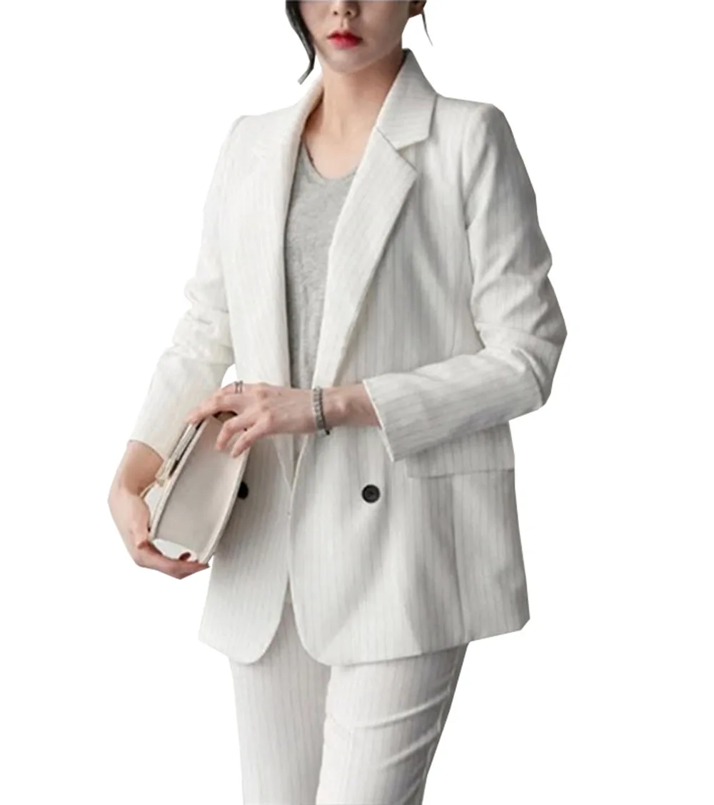 

2 Piece Autumn Work Fashion Pinstripe Outfit Blazer V Neck Tuexdo Prom Party Lady Suit (Jacket+Pant) Tailleur Femme Women Suits