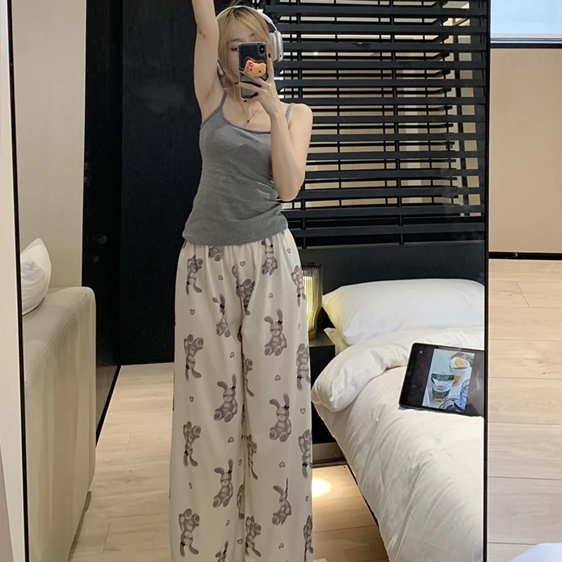 

Sexy Pajamas Set for Women Sling Vest Trousers Suit with Chest Pad Homewear Tracksuit Casual Long Pants Girls Sleep Lounge