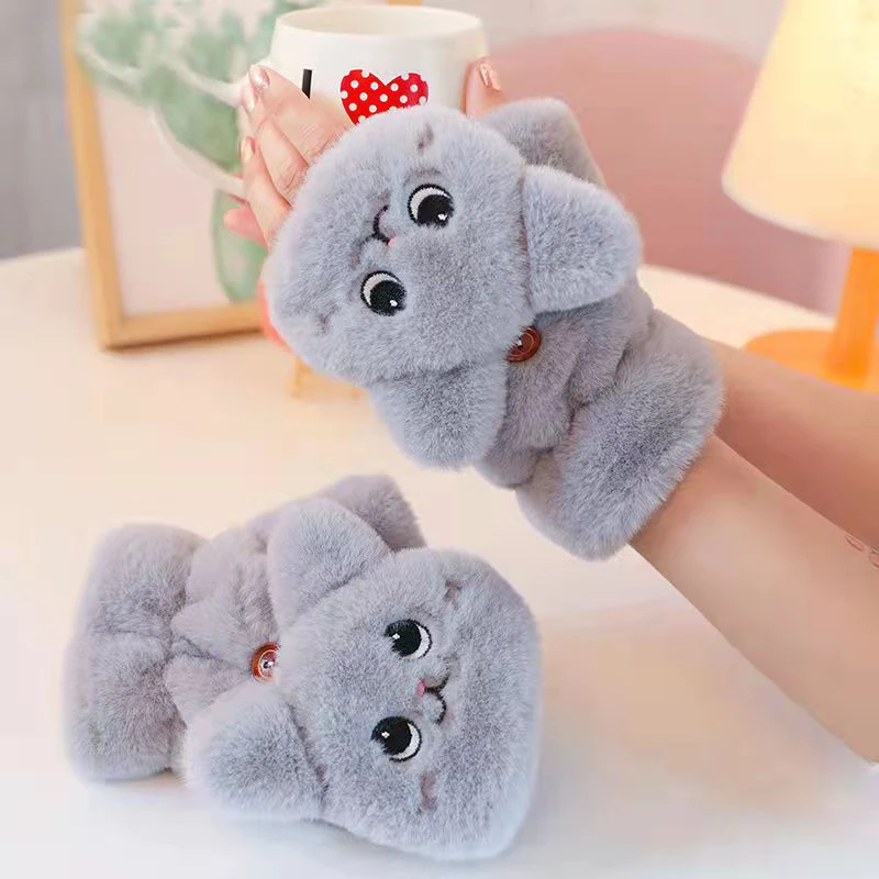 

Cute Cat Plush Half-finger Gloves Women Warm Flip Gloves Soft Comfortable Driving Glove Without Finger Winter Accessories