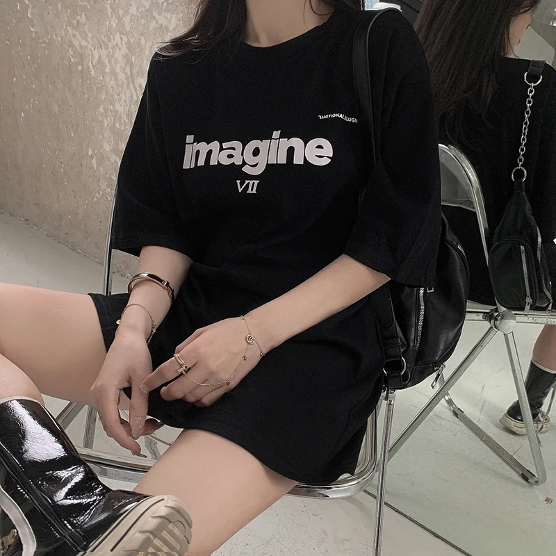 

6787 2022 summer new ins loose wild mid-length round neck top printed casual T-shirt