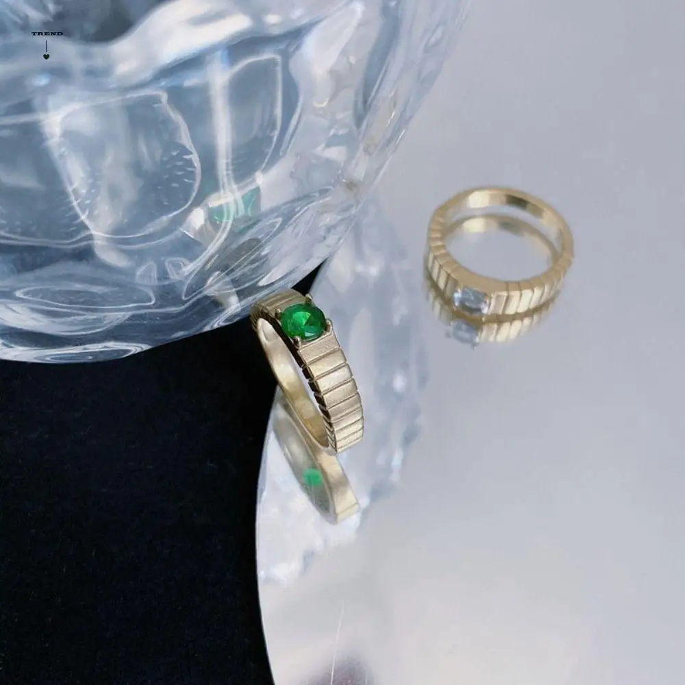 

Green Silver Vintage Charm Women Stripe Simple Chic Jewelry Unisex Finger Ring Titanium Steel Ring Zircon Open Ring