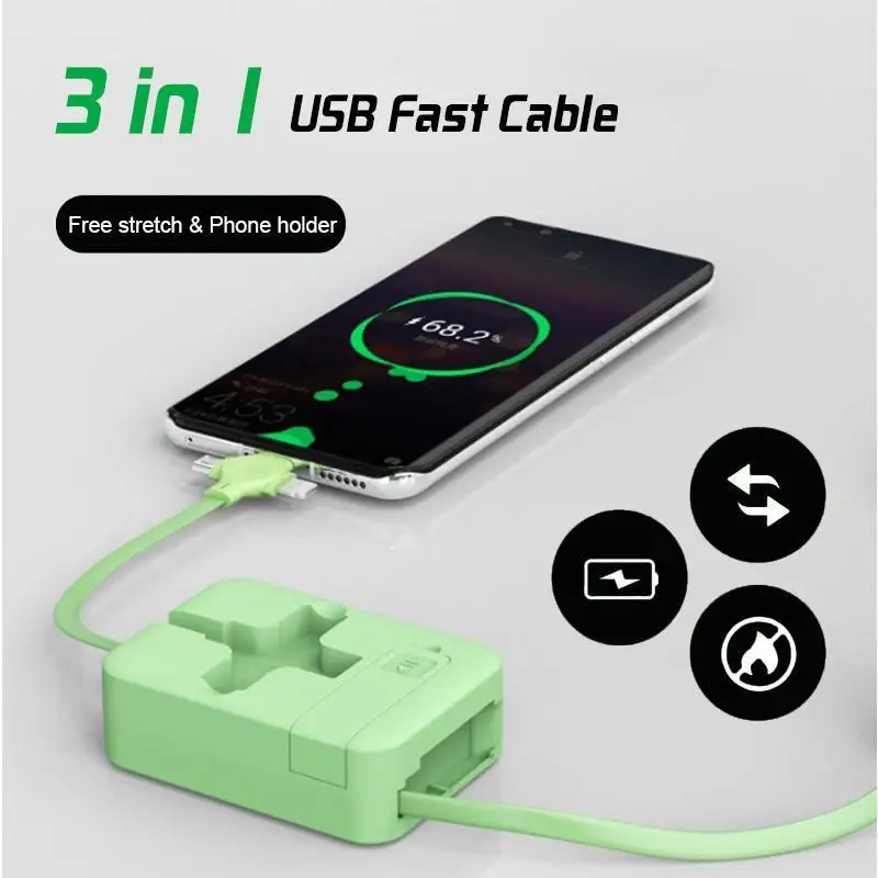 

4-in-1 Data Cable Phone Stand Charger Multifunctional Home Use Retractable USB Type C Micro USB Charge Cable Fit iPhone Android