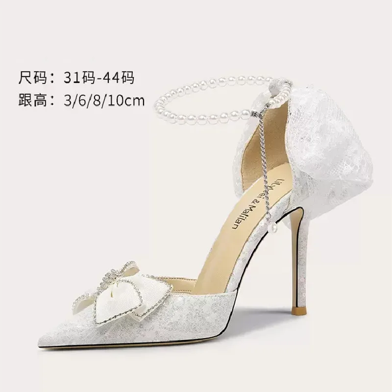 

Spring and Summer Pointed Pearl Water Diamond Butterfly Wedding Shoes Thin High Heel Party Dress Large and Small Women's Sandals