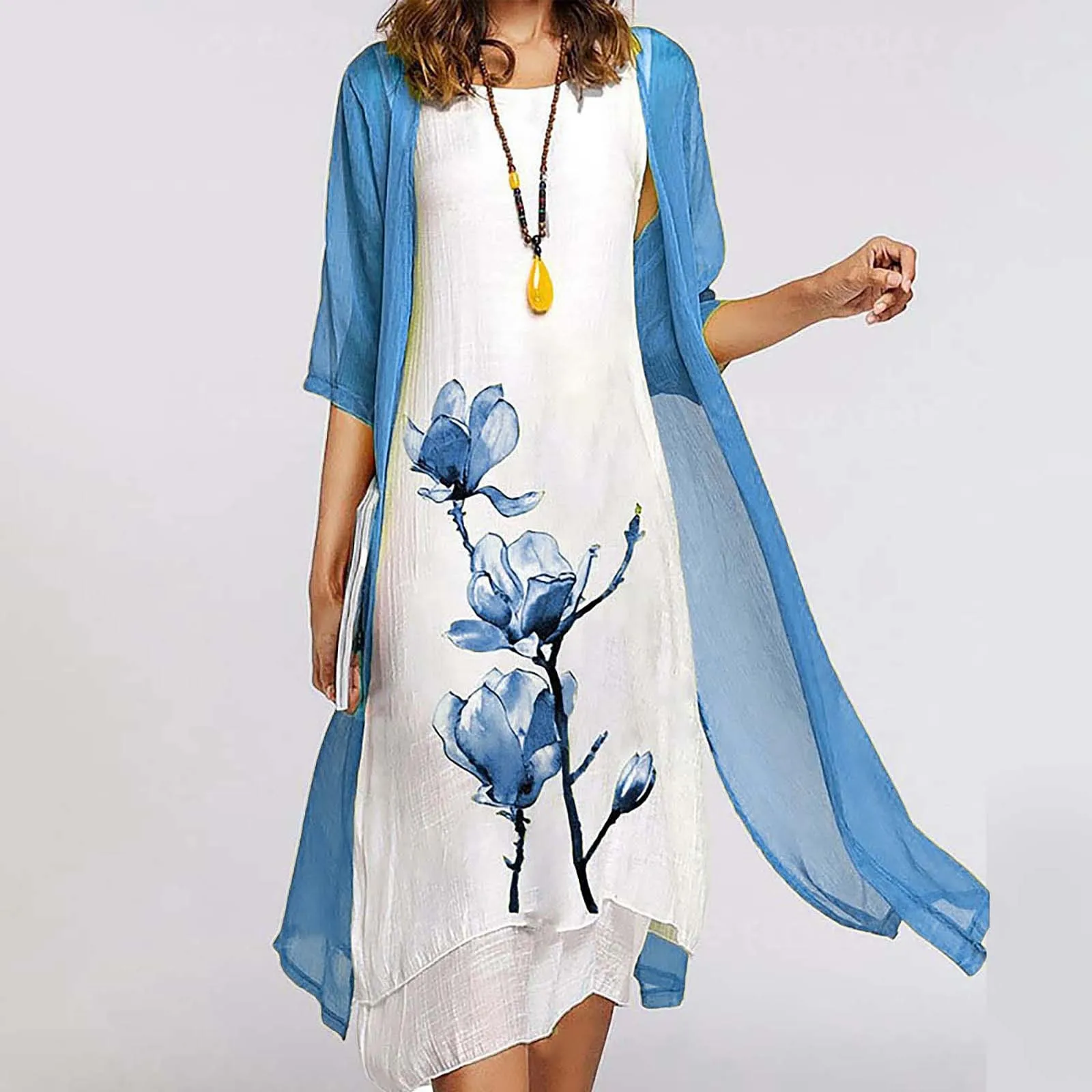 

Dress Sets Elegant Floral Chiffon Long Dresses+cardigan Long Tops Women Two Piece Set Spring Summer Women Dress Robe Outfits