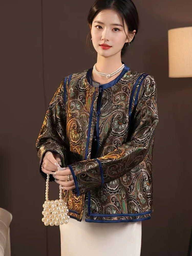 Осенняя новая шелковая куртка с круглым вырезом и хвостом Феникса в стиле ретро