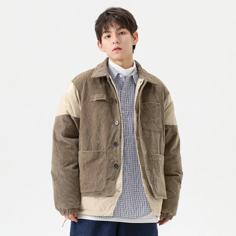 LUCLESAM Men's Corduroy Splicing Fake Two Piece Cotton Jackets Lapel Single Breasted Coat Winter New Male Thick Cotton Clothing