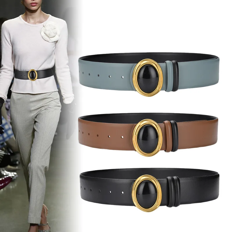 

High Quality Fashion Genuine Leather Ladies Jewel Corset Wide Girdle Dress with Decorative Belts for Women Luxury Designer Brand