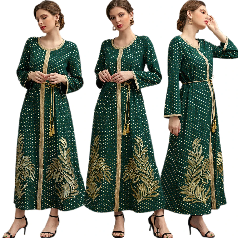 

2022 Plus Size Maxi Dresses For Women Fashion Green Gold Print Embroidery Long Sleeve Abaya Arab Muslim Clothes Islam Maxi Robe