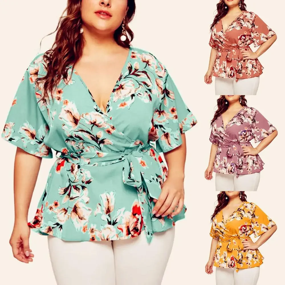 

2021 Summer Tops Women Blouses Vintage Lace Ruffles Floral Belt Sexy Large Elegant Loose 5XL Big Plus Sizes Shirts