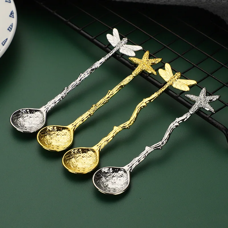 

Vintage Dessert Spoon Dragonfly Branches Leaves Shape Mini Ice Cream Jelly Coffee Milk Mixing Spoon Exquisite Spoon for Kitchen