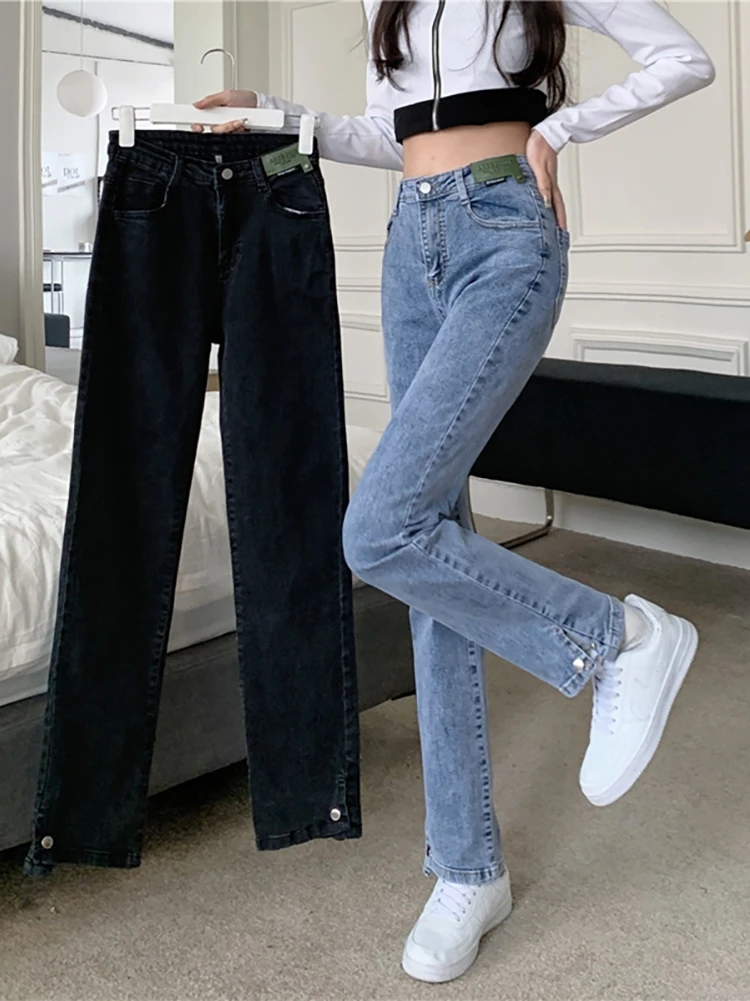 

2022 Autumn Women Jeans High Waist Straight Denim Pants Korean Style All-Matched Slit Button Fashion Female Jean Trousers