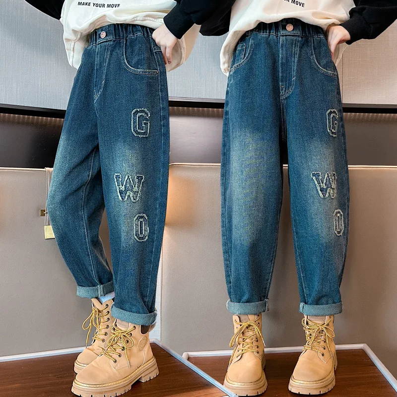 

Girls Jeans New Fashion Spring Fall Soft Denim Harem Pants Letter Print Trousers Kids Elastic Waist Blue Jeans 4 To 16Years