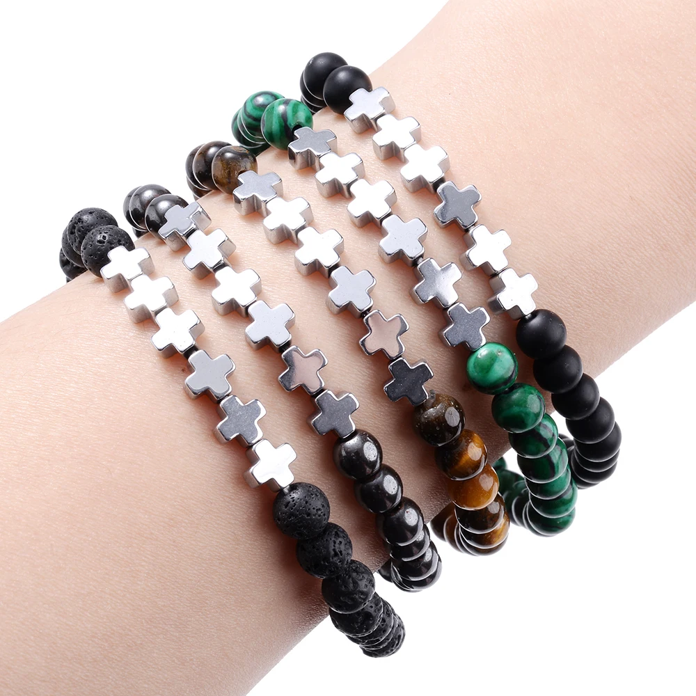 Браслет из натурального камня сплав крест Подвески 6 мм малахит лава гематит