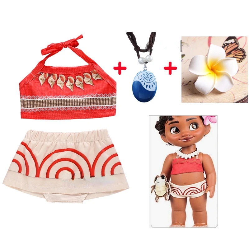 Infant Baby Cosplay Moana Costume Girls Kids Summer Toddler Carnival Birthday Outfit Swimsuit Tops + Skirt Shorts  Necklace